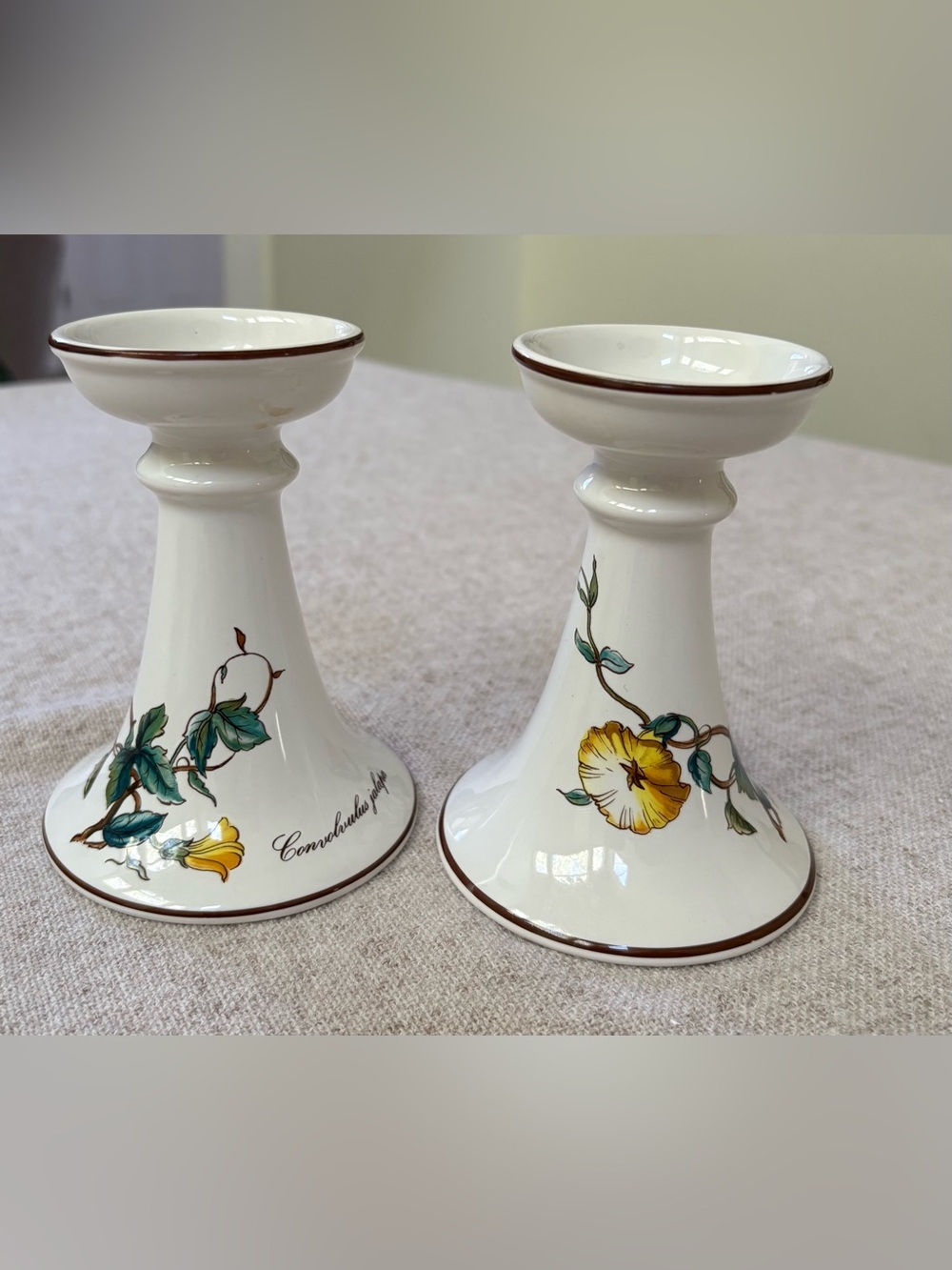 Villeroy & Boch Cream Ceramic Candle Holders with Yellow Floral Motif - Pair